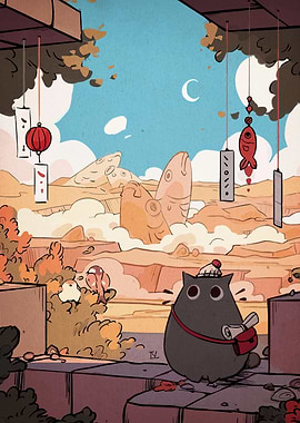 Cartoon Cat with Fish Monuments Landscape