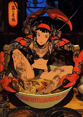 Cyberpunk Girl in Ramen Bowl
