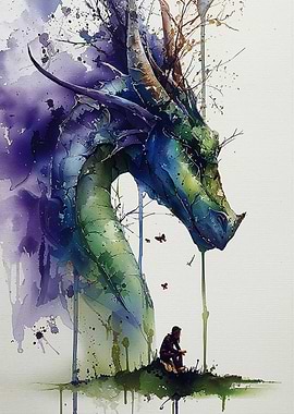 Watercolor Dragon and Figure Art