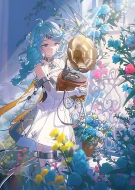 Girl with Gramophone in Floral Setting