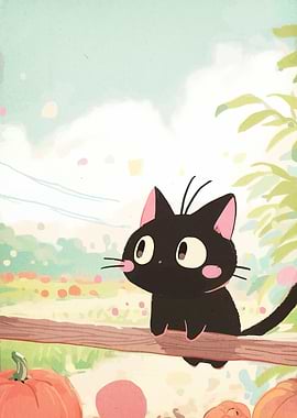 Cute Black Cat on Fence with Pumpkins