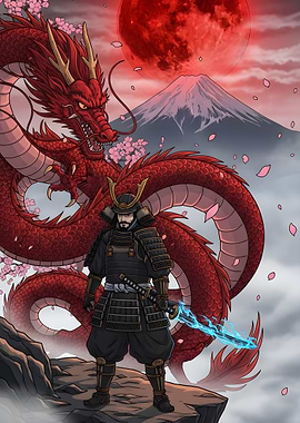 Samurai, Dragon, and Mount Fuji Art