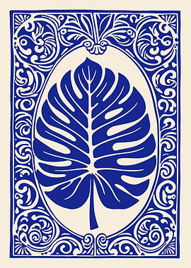Monstera Leaf in Ornate Blue Frame
