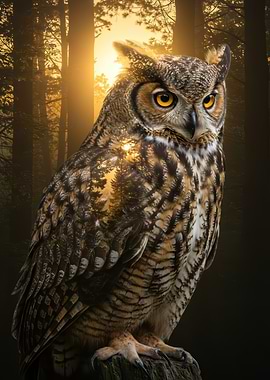 Owl in Forest at Sunset