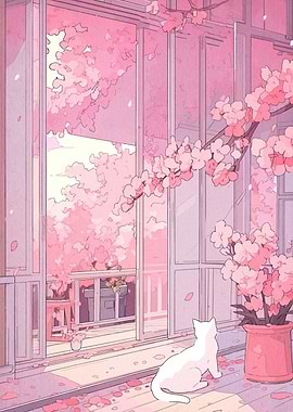 Pink Cherry Blossoms and White Cat