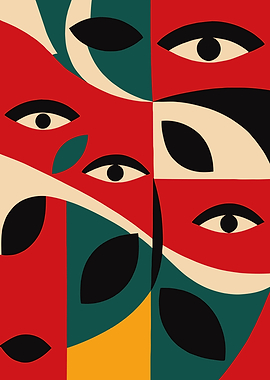 Abstract Faces with Eyes and Shapes Poster