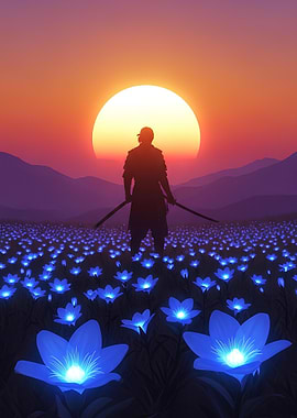 Samurai in Blue Flower Field