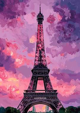 Eiffel Tower Painting with Pink Sky