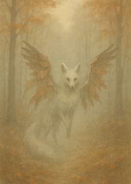 Ethereal Winged Fox Spirit in the Misty Autumn Woods