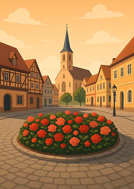 Charming European Town Square with Roses