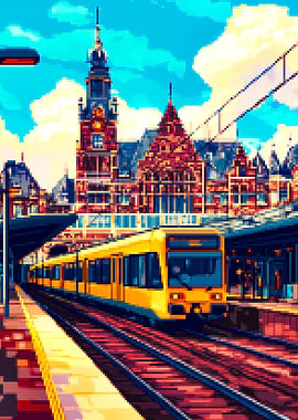 Pixel Art Train Station Scene