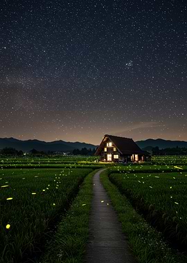 Night landscape with house and fireflies