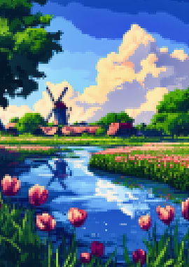 Pixel Art Dutch Landscape with Windmill