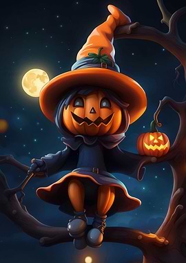 Cute Pumpkin Witch on a Branch