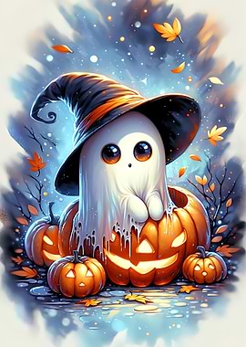 Cute Halloween Ghost with Pumpkins