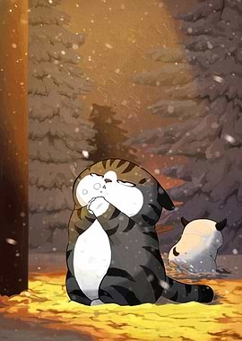 Cartoon Cat in Snowy Forest