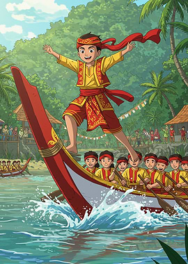 Cartoon illustration of a boat race Pacu Jalur
