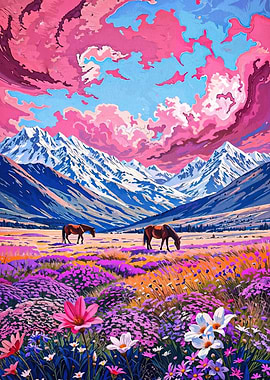 Horses in Mountain Meadow Painting
