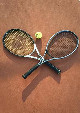 Tennis rackets and ball on court