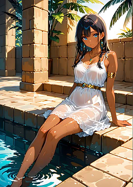 Anime girl in white dress by pool