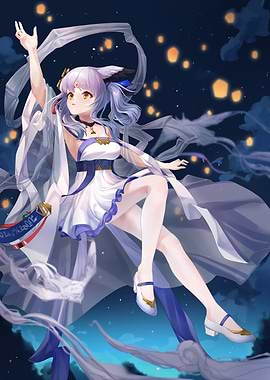 Anime Girl with Lanterns in Night Sky