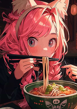 Anime Girl Eating Ramen with Chopsticks
