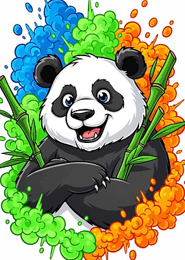 Cartoon Panda Bamboo Colorful Smoke