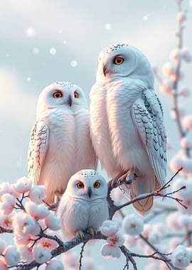 Three Snowy Owls on Blossoming Branch