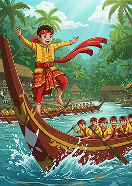 Cartoon illustration of a boat race Pacu Jalur