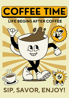 Coffee Time Retro Cartoon Poster