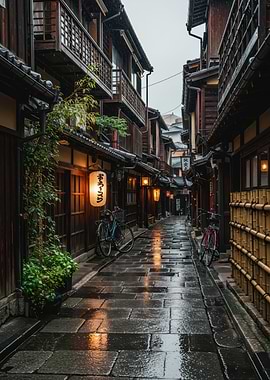 Rainy Kyoto Street with Bicycles