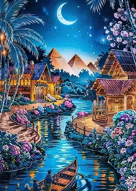 Nighttime Egyptian Village River Scene