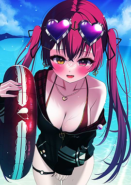 Anime Girl with Heart Sunglasses at Beach