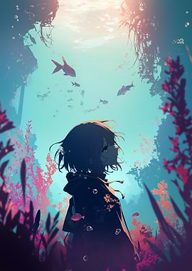 Anime Girl Underwater with Fish