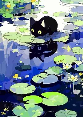 Black cat on lily pads