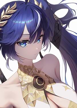 Anime Girl with Blue Hair and Gold