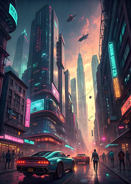Cyberpunk Cityscape with Flying Vehicles