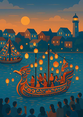 Festive Boat Procession at Dusk