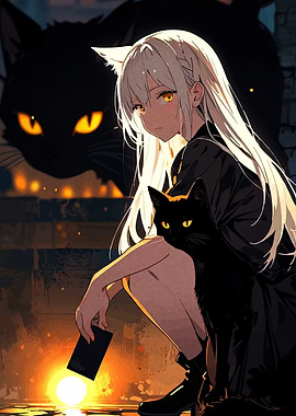 Anime Girl with Cats