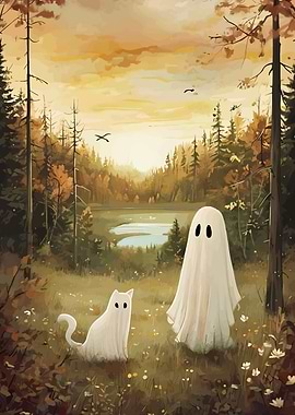 Ghost and Cat in Autumn Forest