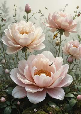 Pale Pink Peonies with Insects