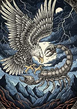 Eagle versus Scorpion under stormy sky