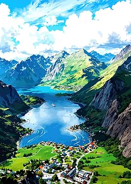 Mountain Lake Village Anime Style