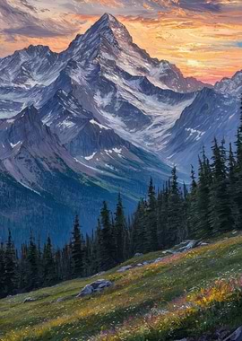 Mountain Landscape Painting at Sunset