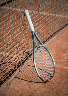 Tennis racket leaning against the net