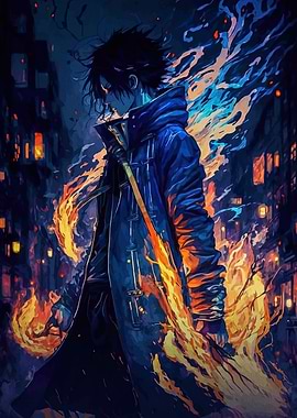 Anime character in burning city