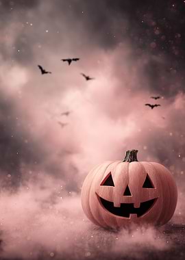 Halloween Pumpkin with Bats in Sky