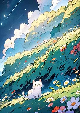 Cat in a Floral Landscape