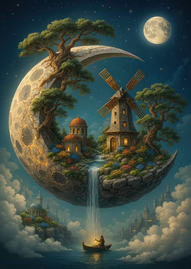 Moon Island with Windmill and Waterfall