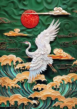 Soaring Crane Over Golden Waves
